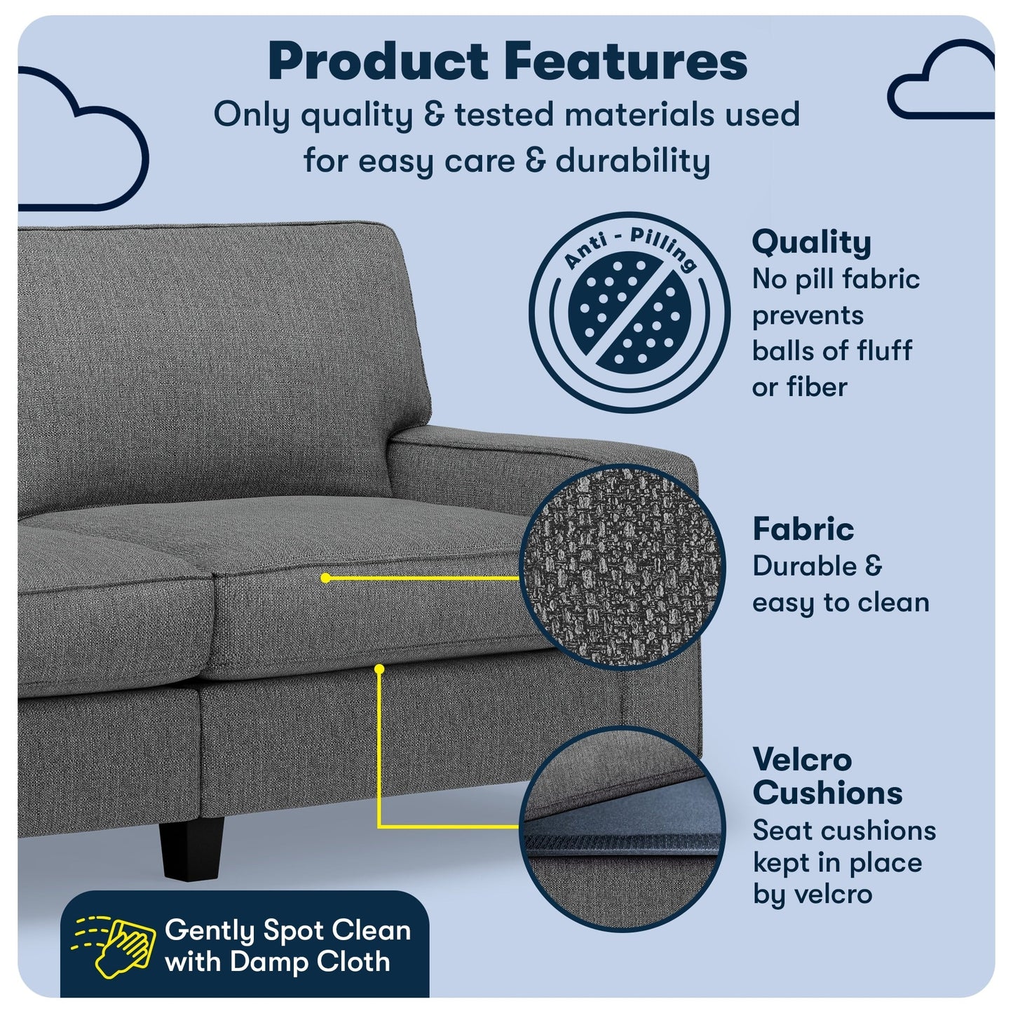 Canapé Serta Palisades 73 avec accoudoirs droits, polyester facile d'entretien, dossier moelleux et coussins d'assise à ressorts ensachés