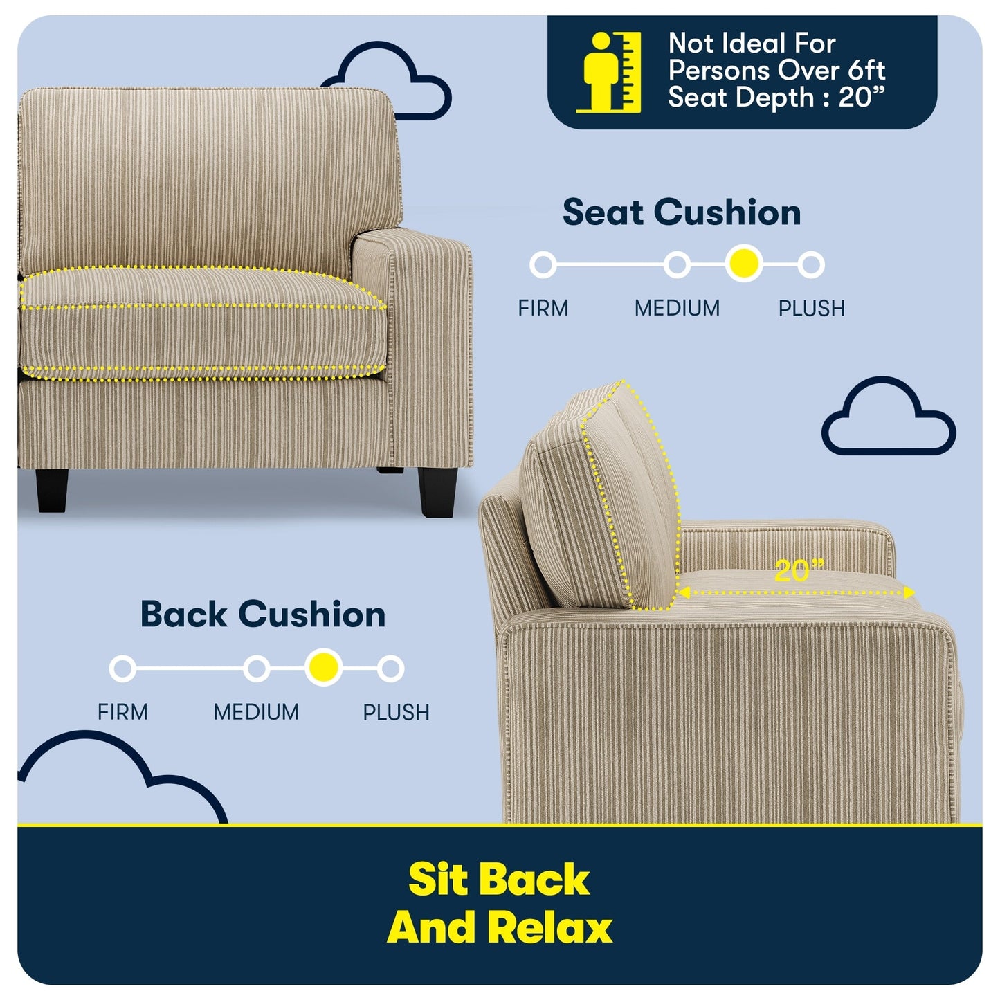 Canapé Serta Palisades 73 avec accoudoirs droits, polyester facile d'entretien, dossier moelleux et coussins d'assise à ressorts ensachés