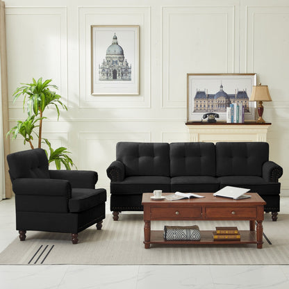 Ensemble de 3 canapés en chenille pour salon, capitonnés et cloutés, pieds en hévéa massif