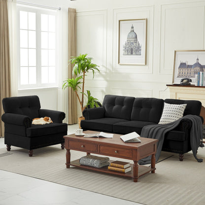 Ensemble de 3 canapés en chenille pour salon, capitonnés et cloutés, pieds en hévéa massif