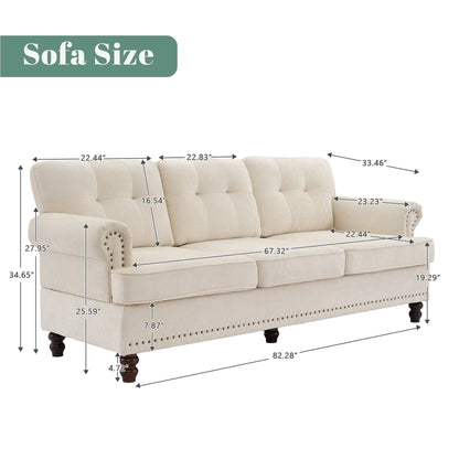 Ensemble de 3 canapés en chenille pour salon, capitonnés et cloutés, pieds en hévéa massif