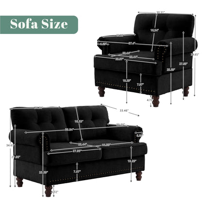 Ensemble de 3 canapés en chenille pour salon, capitonnés et cloutés, pieds en hévéa massif