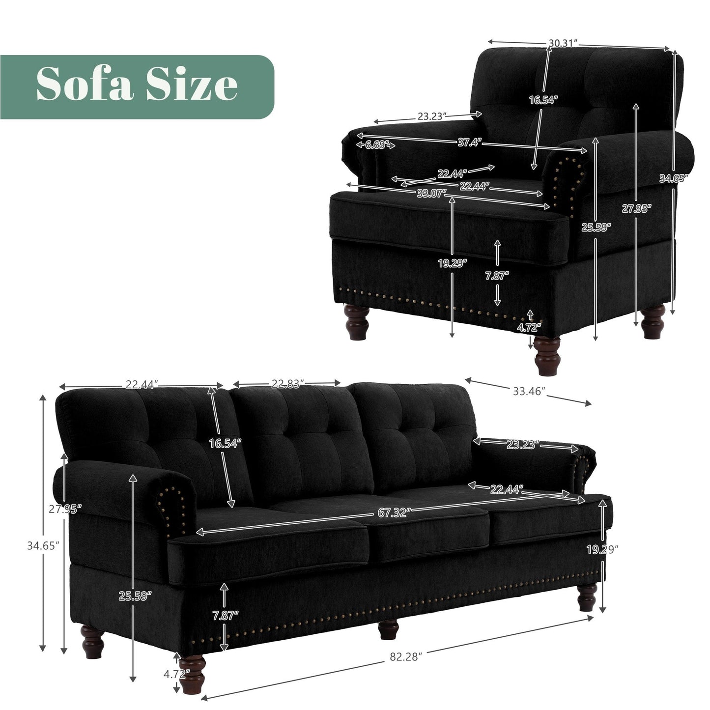 Ensemble de 3 canapés en chenille pour salon, capitonnés et cloutés, pieds en hévéa massif