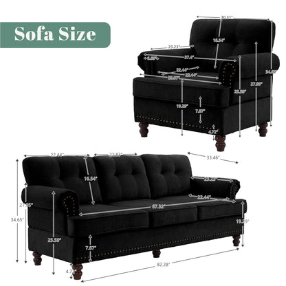 Ensemble de 3 canapés en chenille pour salon, capitonnés et cloutés, pieds en hévéa massif