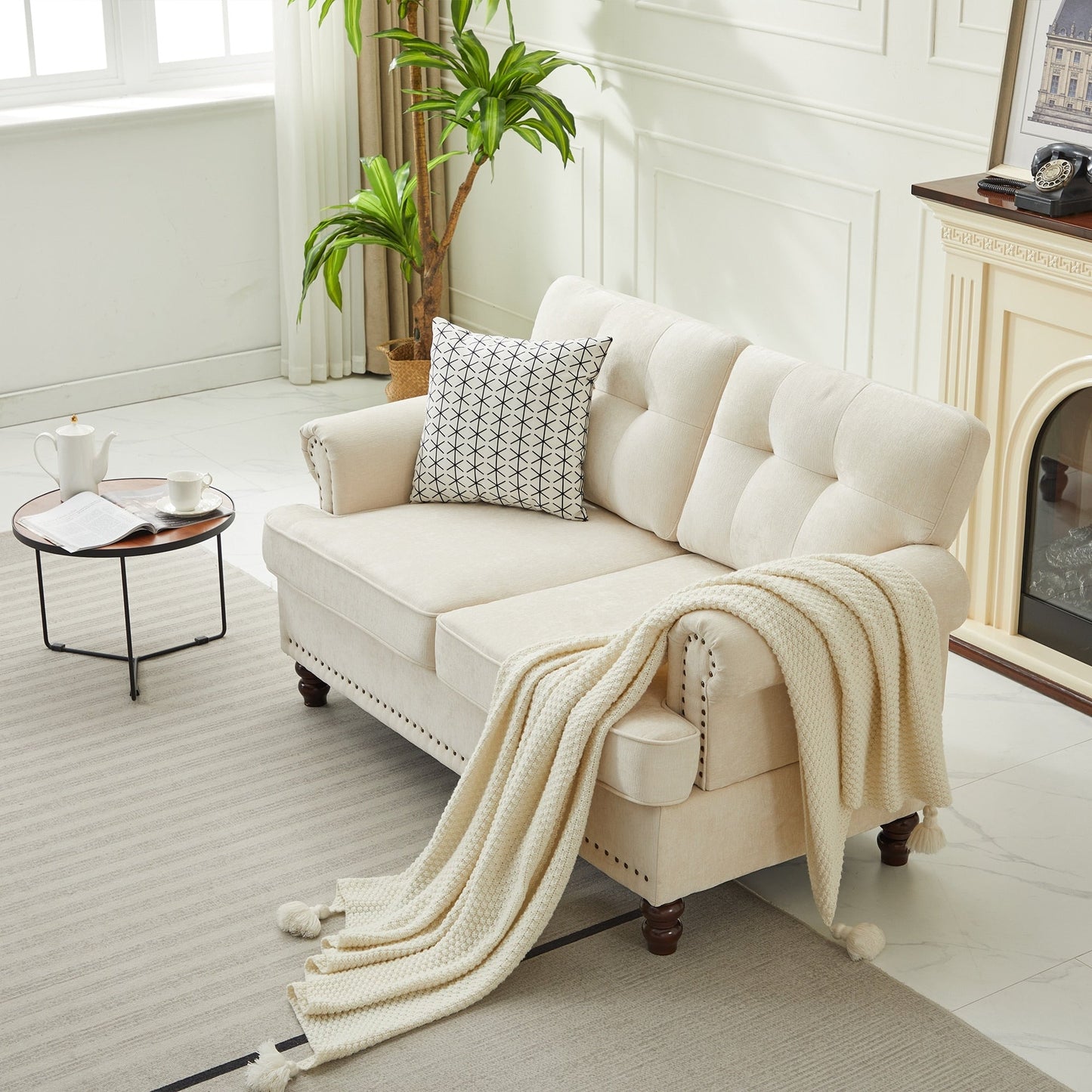 Ensemble de 3 canapés en chenille pour salon, capitonnés et cloutés, pieds en hévéa massif