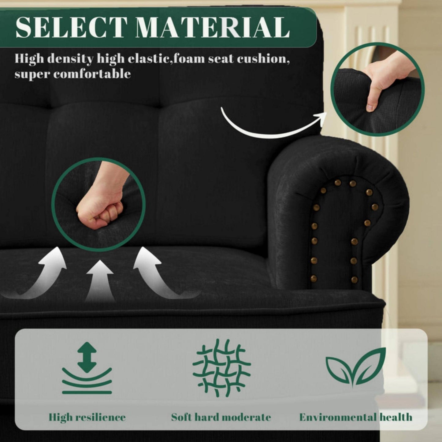 Ensemble de 3 canapés en chenille pour salon, capitonnés et cloutés, pieds en hévéa massif