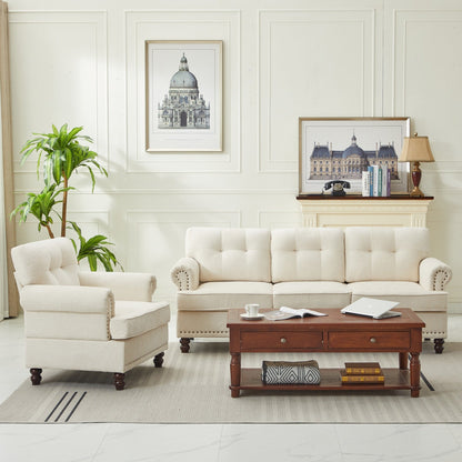 Ensemble de 3 canapés en chenille pour salon, capitonnés et cloutés, pieds en hévéa massif