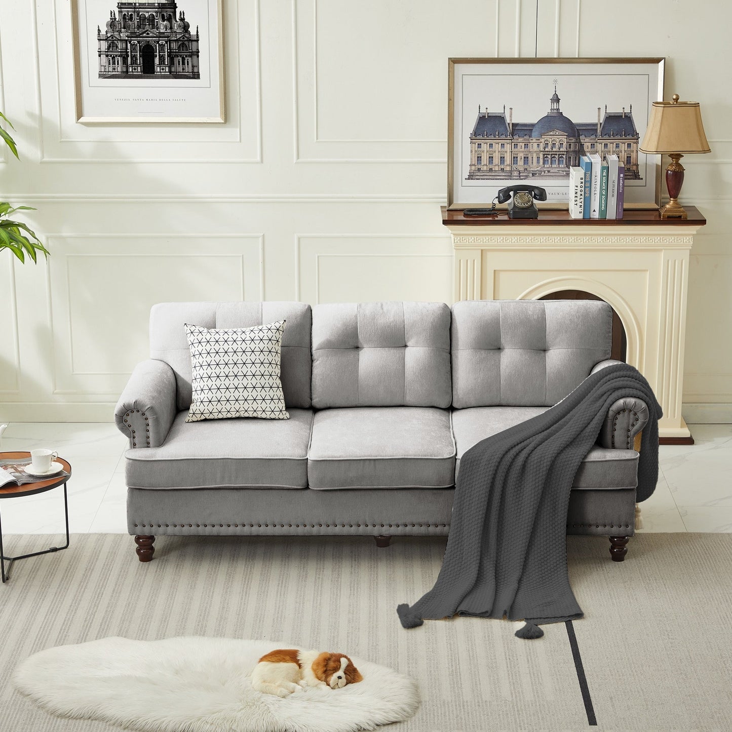 Ensemble de 3 canapés en chenille pour salon, capitonnés et cloutés, pieds en hévéa massif