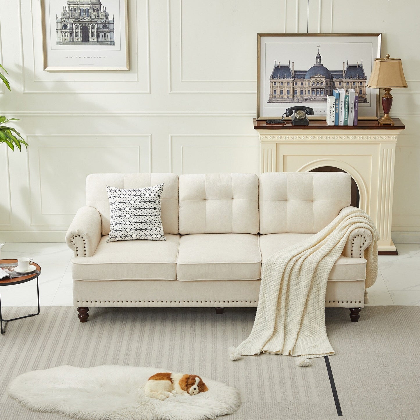 Ensemble de 3 canapés en chenille pour salon, capitonnés et cloutés, pieds en hévéa massif