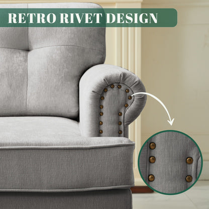 Ensemble de 3 canapés en chenille pour salon, capitonnés et cloutés, pieds en hévéa massif