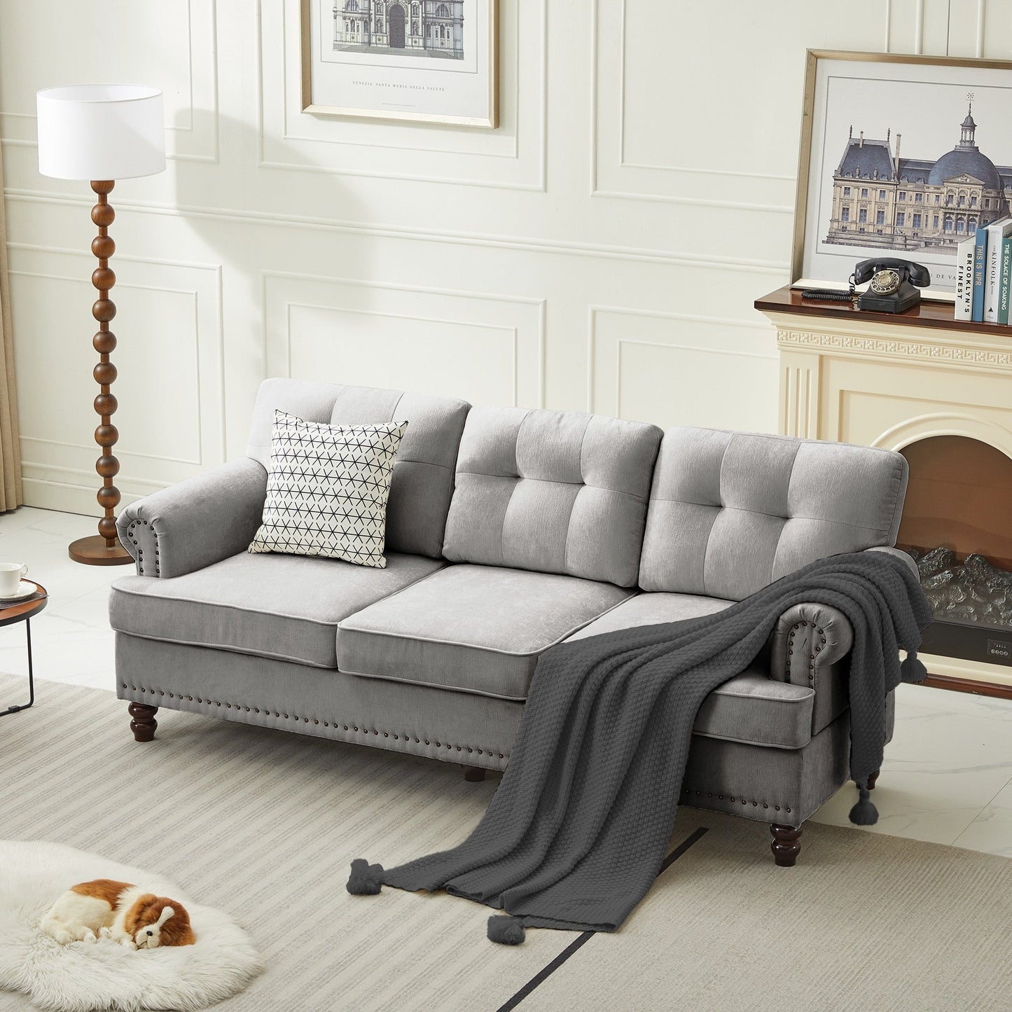 Ensemble de 3 canapés en chenille pour salon, capitonnés et cloutés, pieds en hévéa massif