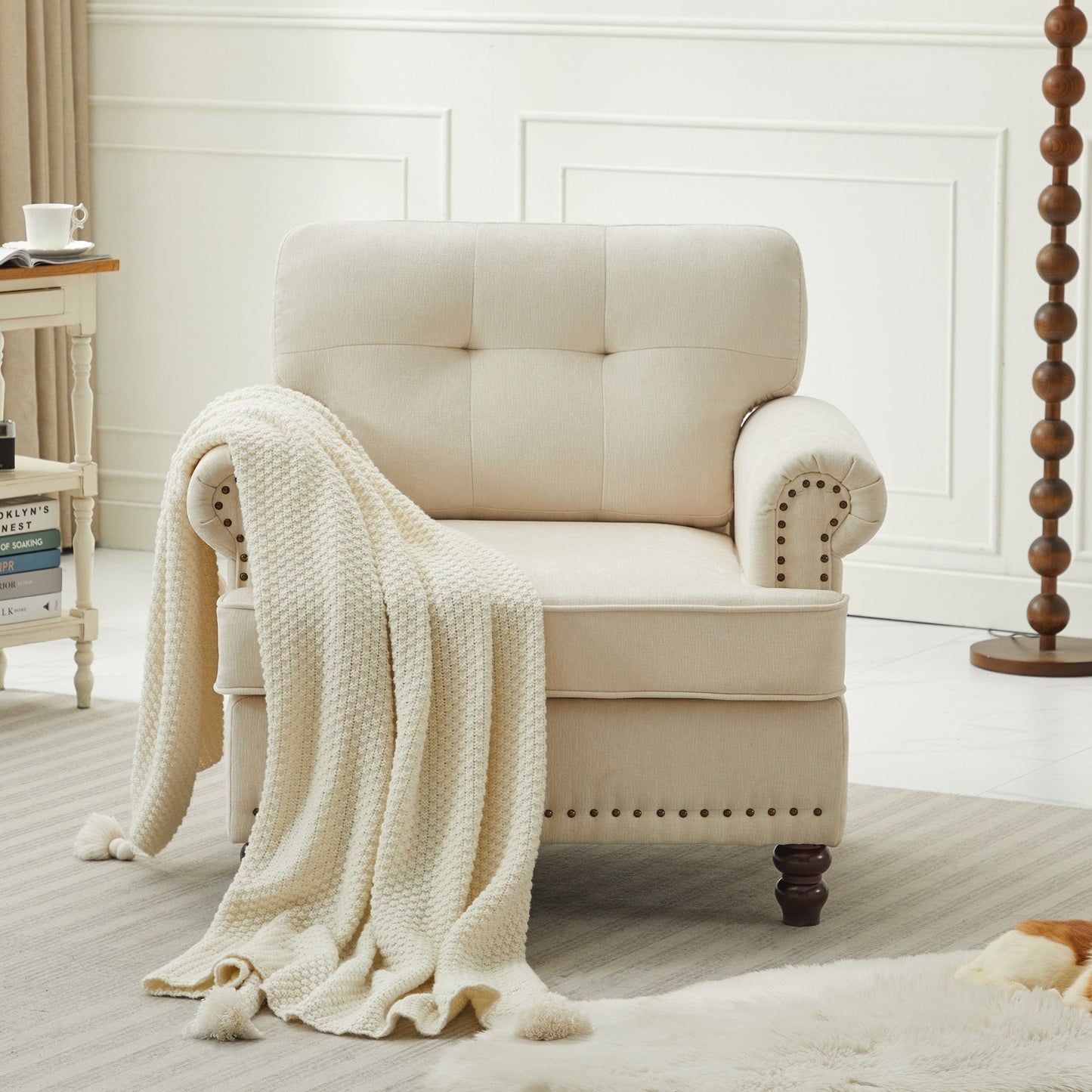 Ensemble de 3 canapés en chenille pour salon, capitonnés et cloutés, pieds en hévéa massif