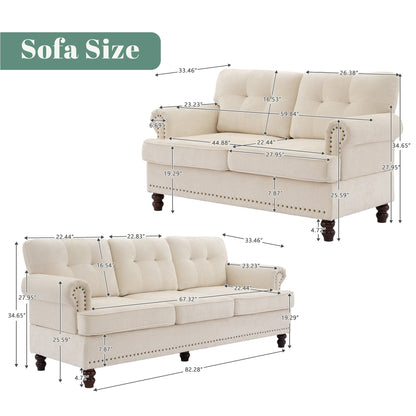 Ensemble de 3 canapés en chenille pour salon, capitonnés et cloutés, pieds en hévéa massif