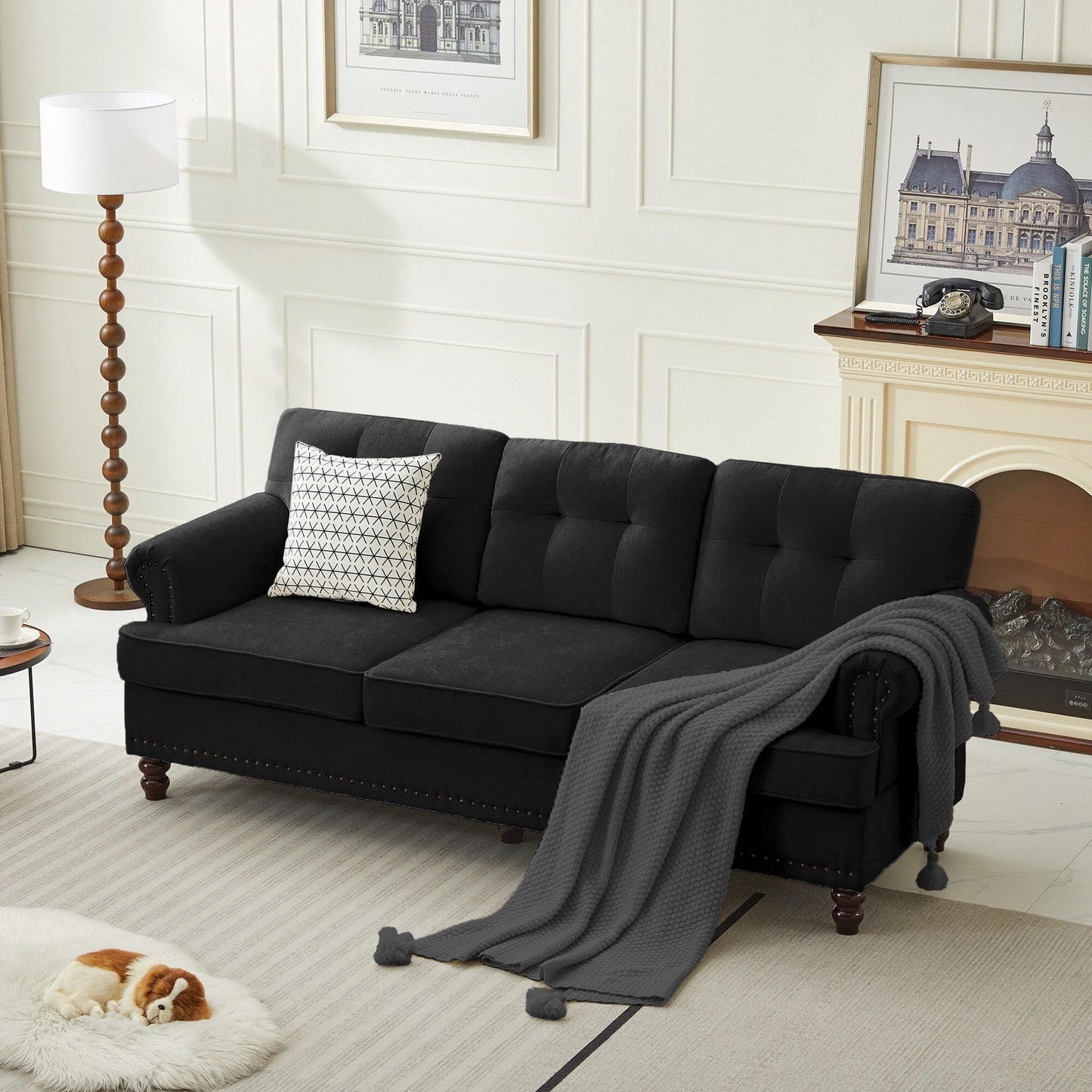 Ensemble de 3 canapés en chenille pour salon, capitonnés et cloutés, pieds en hévéa massif