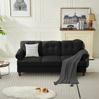 Ensemble de 3 canapés en chenille pour salon, capitonnés et cloutés, pieds en hévéa massif