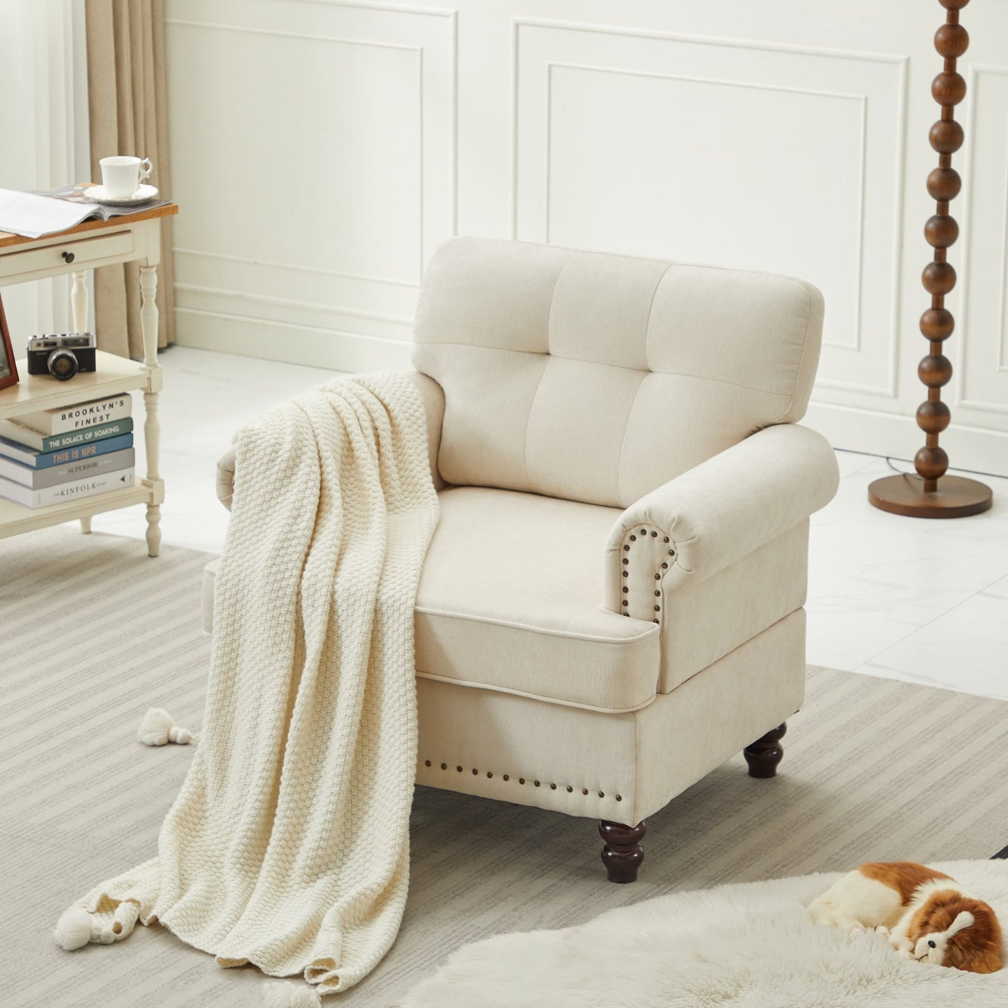 Ensemble de 3 canapés en chenille pour salon, capitonnés et cloutés, pieds en hévéa massif