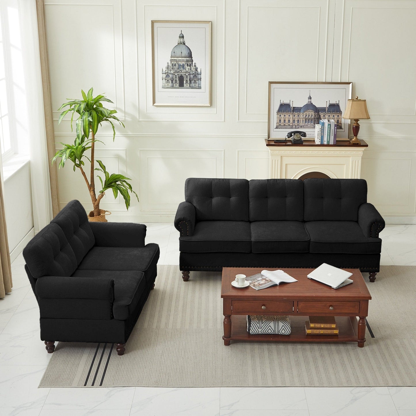 Ensemble de 3 canapés en chenille pour salon, capitonnés et cloutés, pieds en hévéa massif