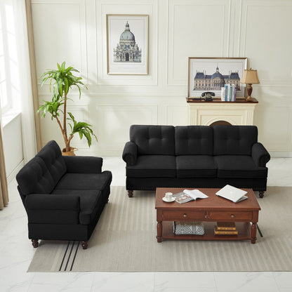 Ensemble de 3 canapés en chenille pour salon, capitonnés et cloutés, pieds en hévéa massif