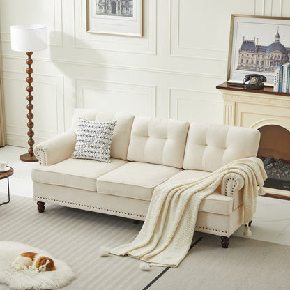 Ensemble de 3 canapés en chenille pour salon, capitonnés et cloutés, pieds en hévéa massif