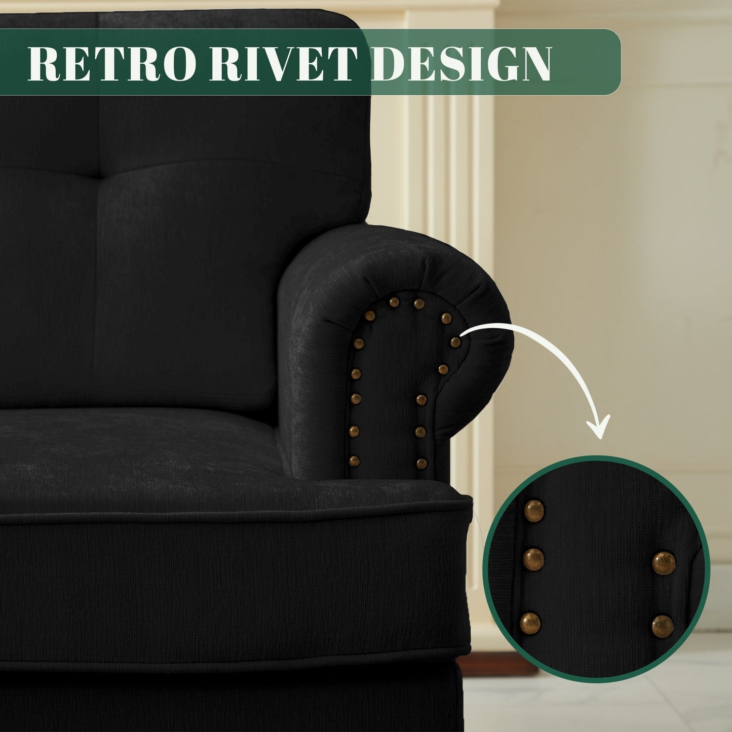 Ensemble de 3 canapés en chenille pour salon, capitonnés et cloutés, pieds en hévéa massif