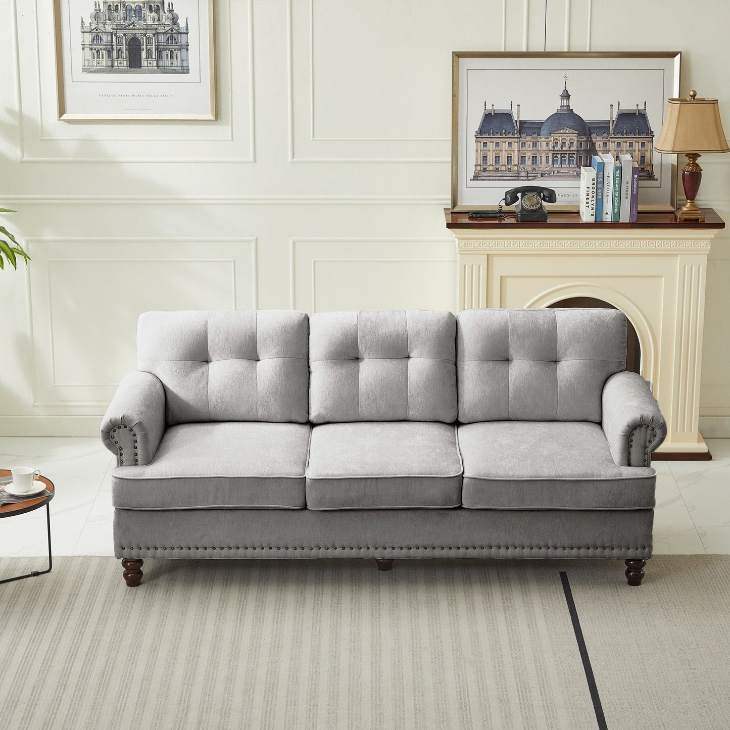 Ensemble de 3 canapés en chenille pour salon, capitonnés et cloutés, pieds en hévéa massif