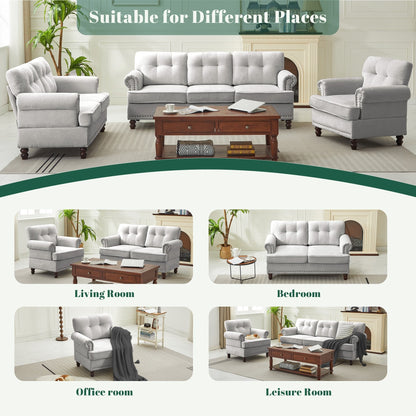 Ensemble de 3 canapés en chenille pour salon, capitonnés et cloutés, pieds en hévéa massif