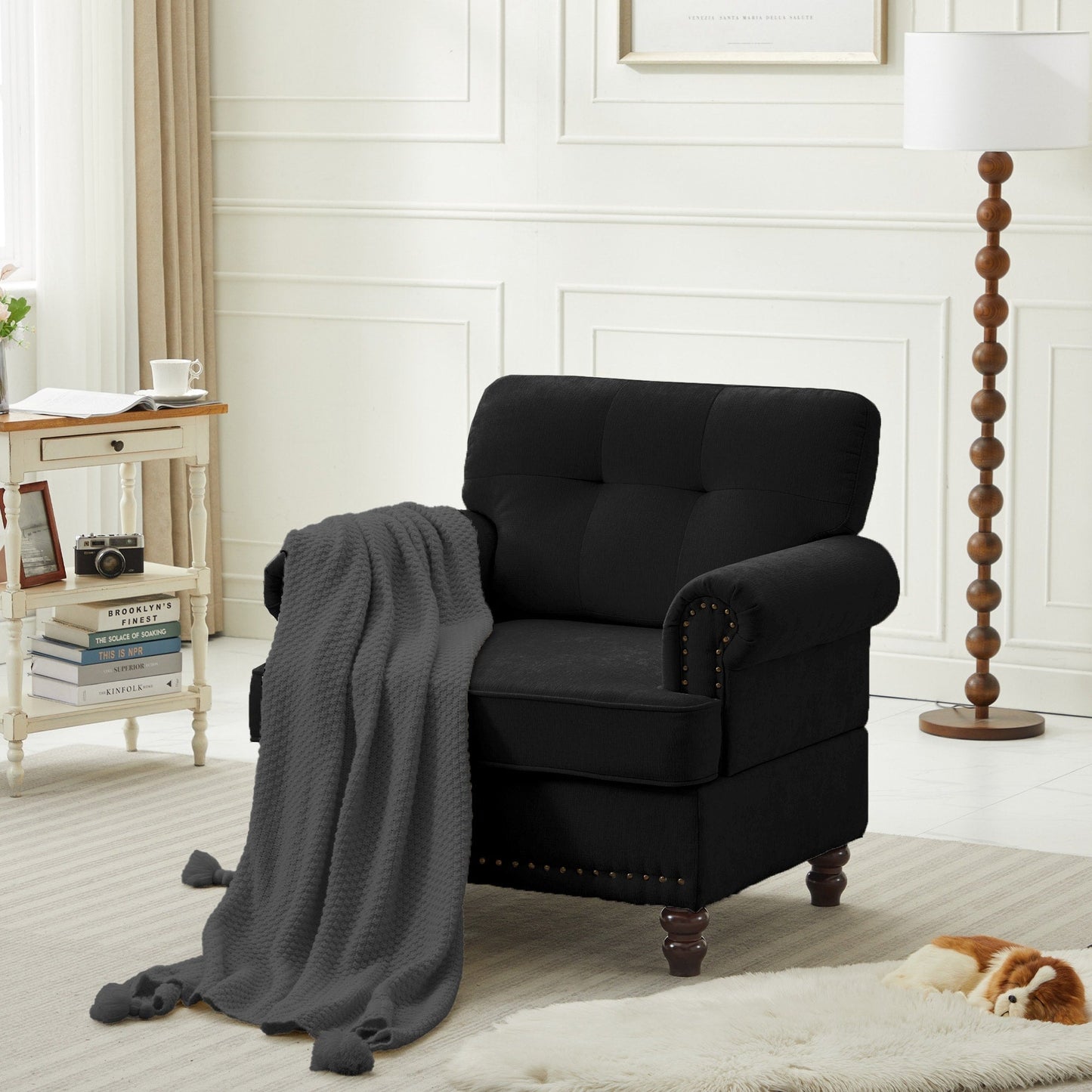 Ensemble de 3 canapés en chenille pour salon, capitonnés et cloutés, pieds en hévéa massif