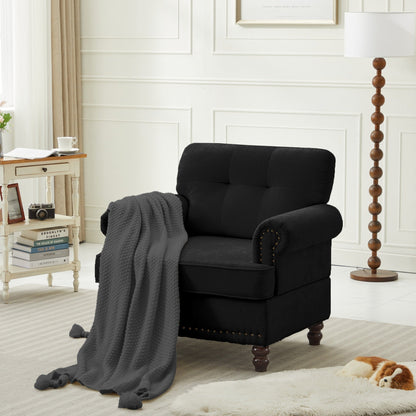 Ensemble de 3 canapés en chenille pour salon, capitonnés et cloutés, pieds en hévéa massif