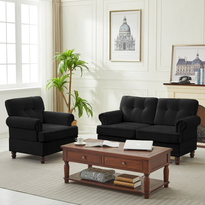 Ensemble de 3 canapés en chenille pour salon, capitonnés et cloutés, pieds en hévéa massif