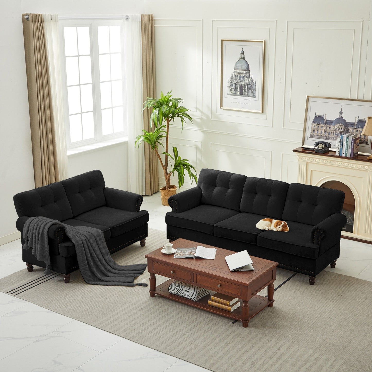 Ensemble de 3 canapés en chenille pour salon, capitonnés et cloutés, pieds en hévéa massif