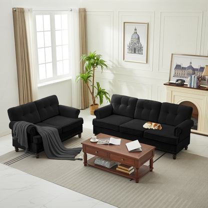 Ensemble de 3 canapés en chenille pour salon, capitonnés et cloutés, pieds en hévéa massif