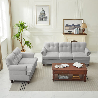 Ensemble de 3 canapés en chenille pour salon, capitonnés et cloutés, pieds en hévéa massif