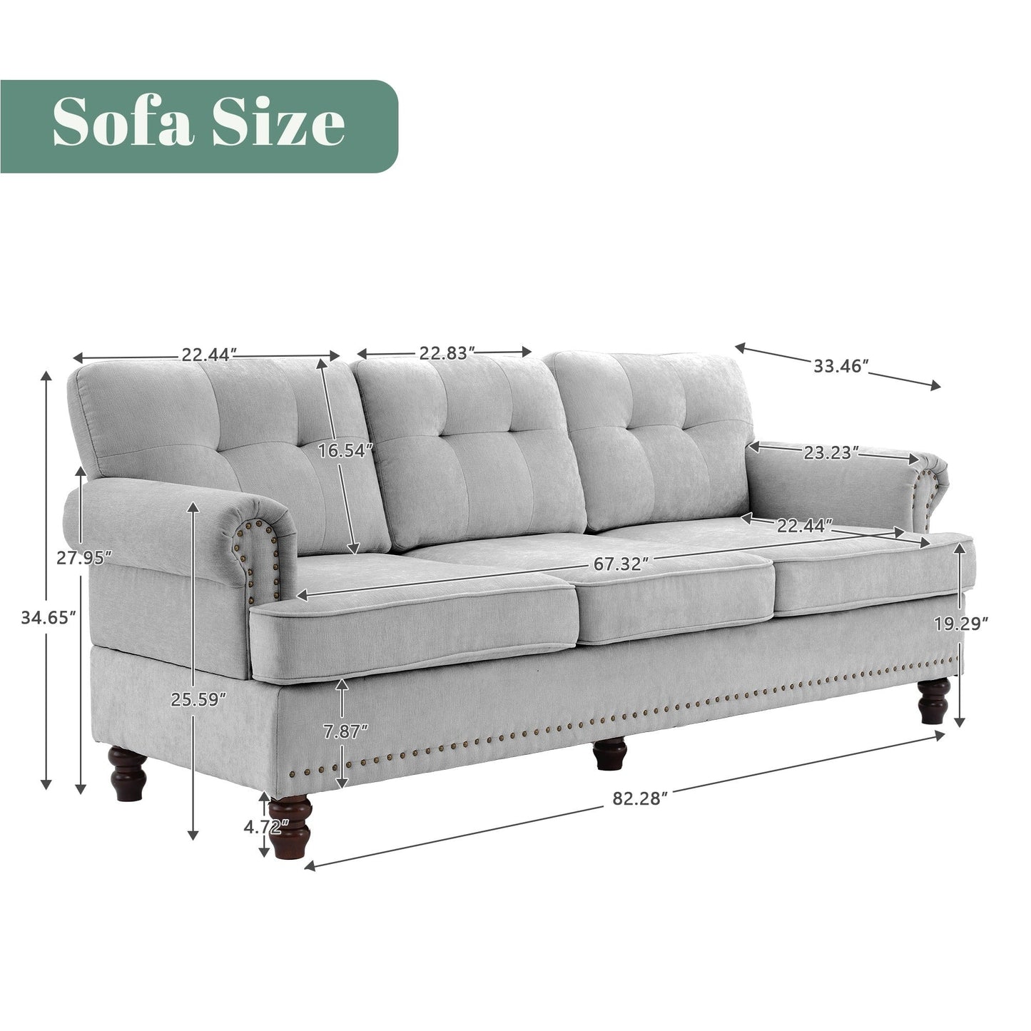 Ensemble de 3 canapés en chenille pour salon, capitonnés et cloutés, pieds en hévéa massif