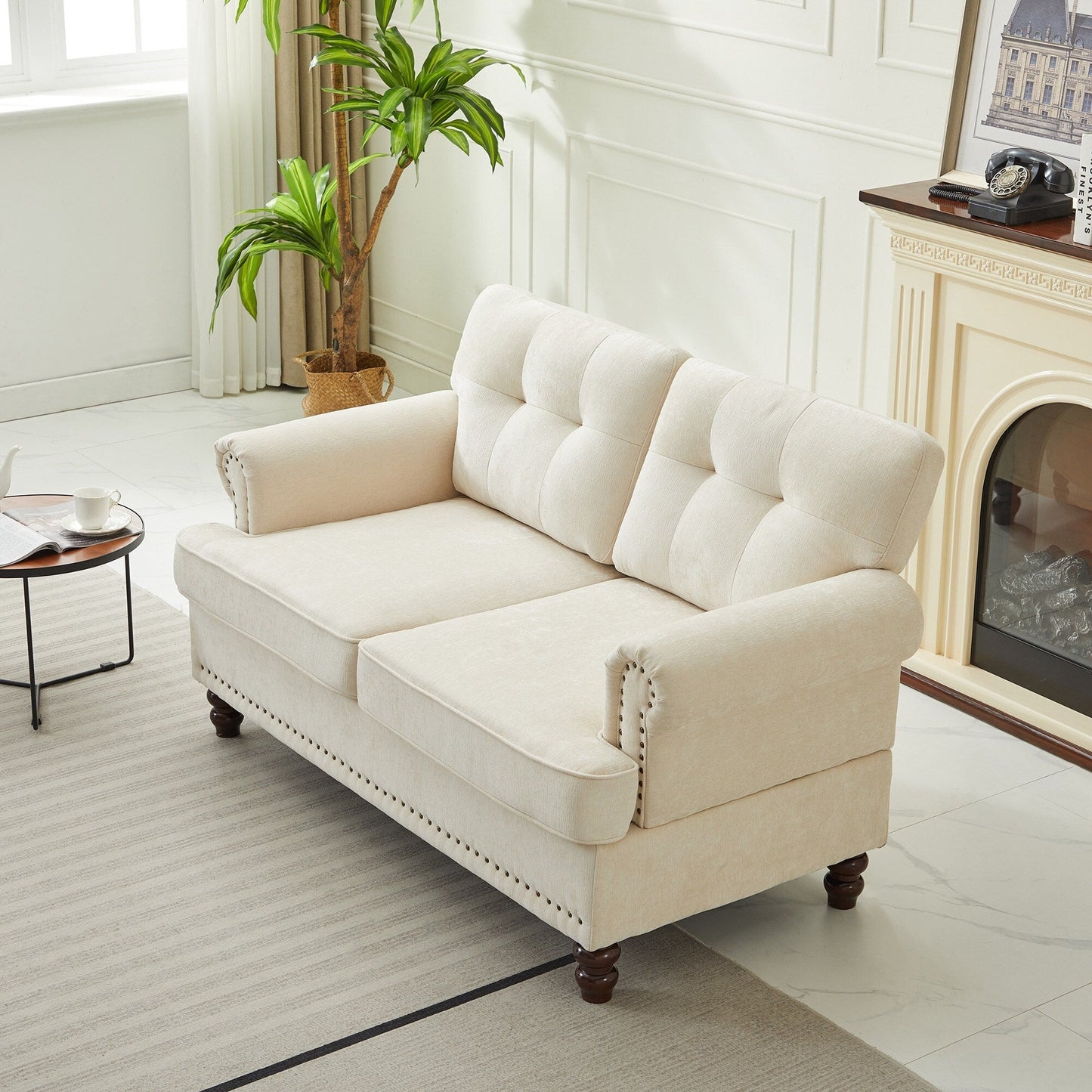 Ensemble de 3 canapés en chenille pour salon, capitonnés et cloutés, pieds en hévéa massif