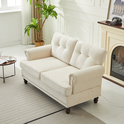 Ensemble de 3 canapés en chenille pour salon, capitonnés et cloutés, pieds en hévéa massif