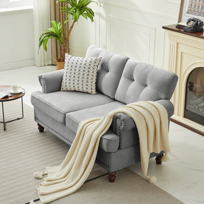 Ensemble de 3 canapés en chenille pour salon, capitonnés et cloutés, pieds en hévéa massif