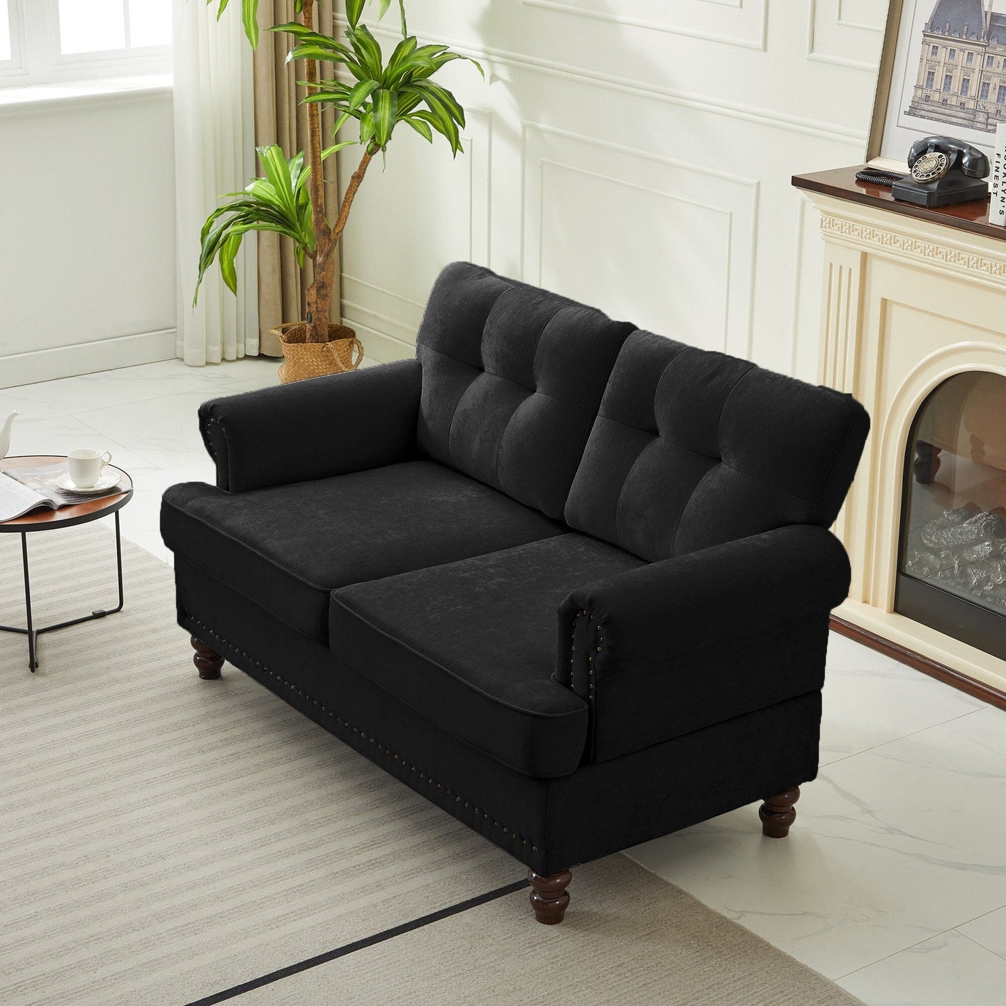 Ensemble de 3 canapés en chenille pour salon, capitonnés et cloutés, pieds en hévéa massif