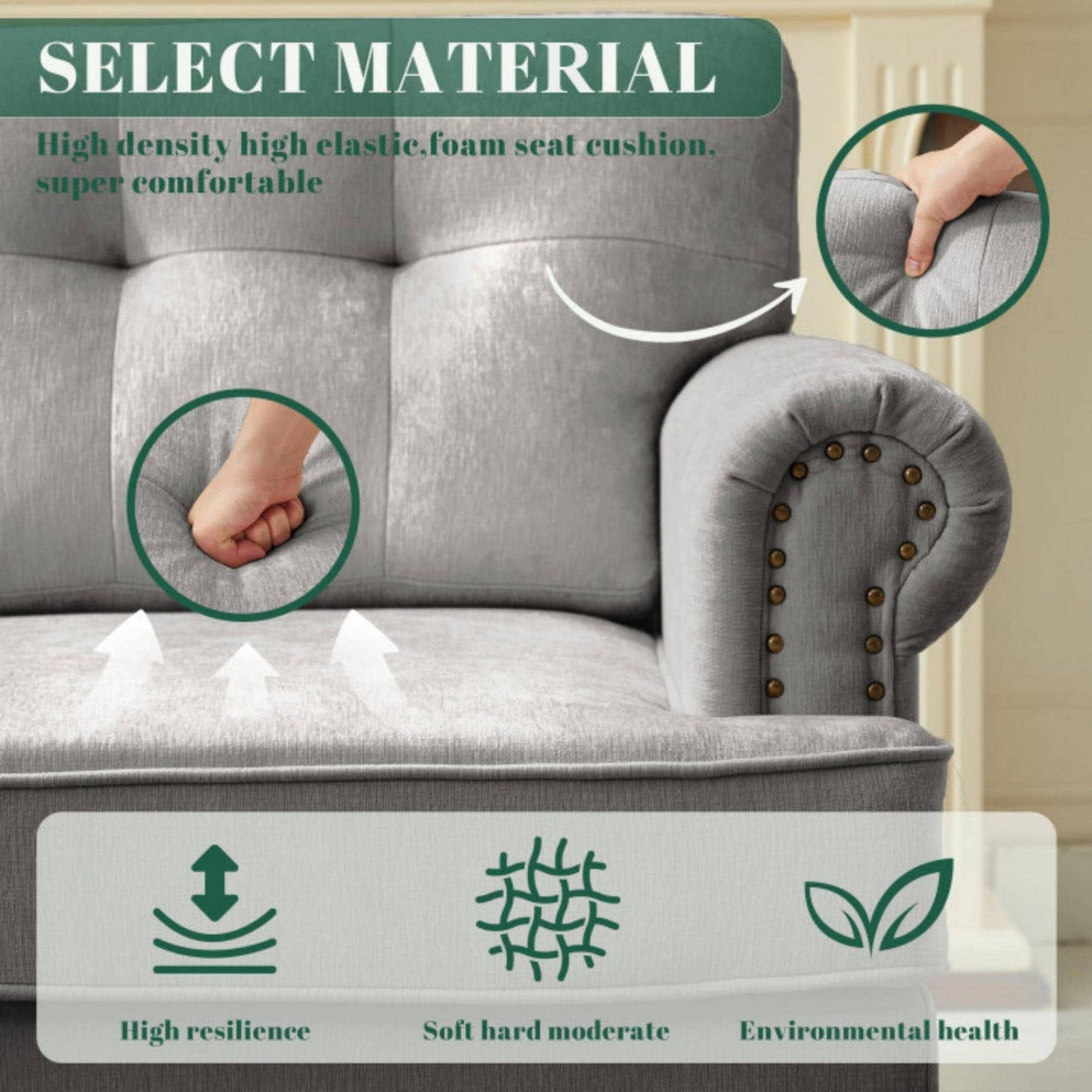 Ensemble de 3 canapés en chenille pour salon, capitonnés et cloutés, pieds en hévéa massif