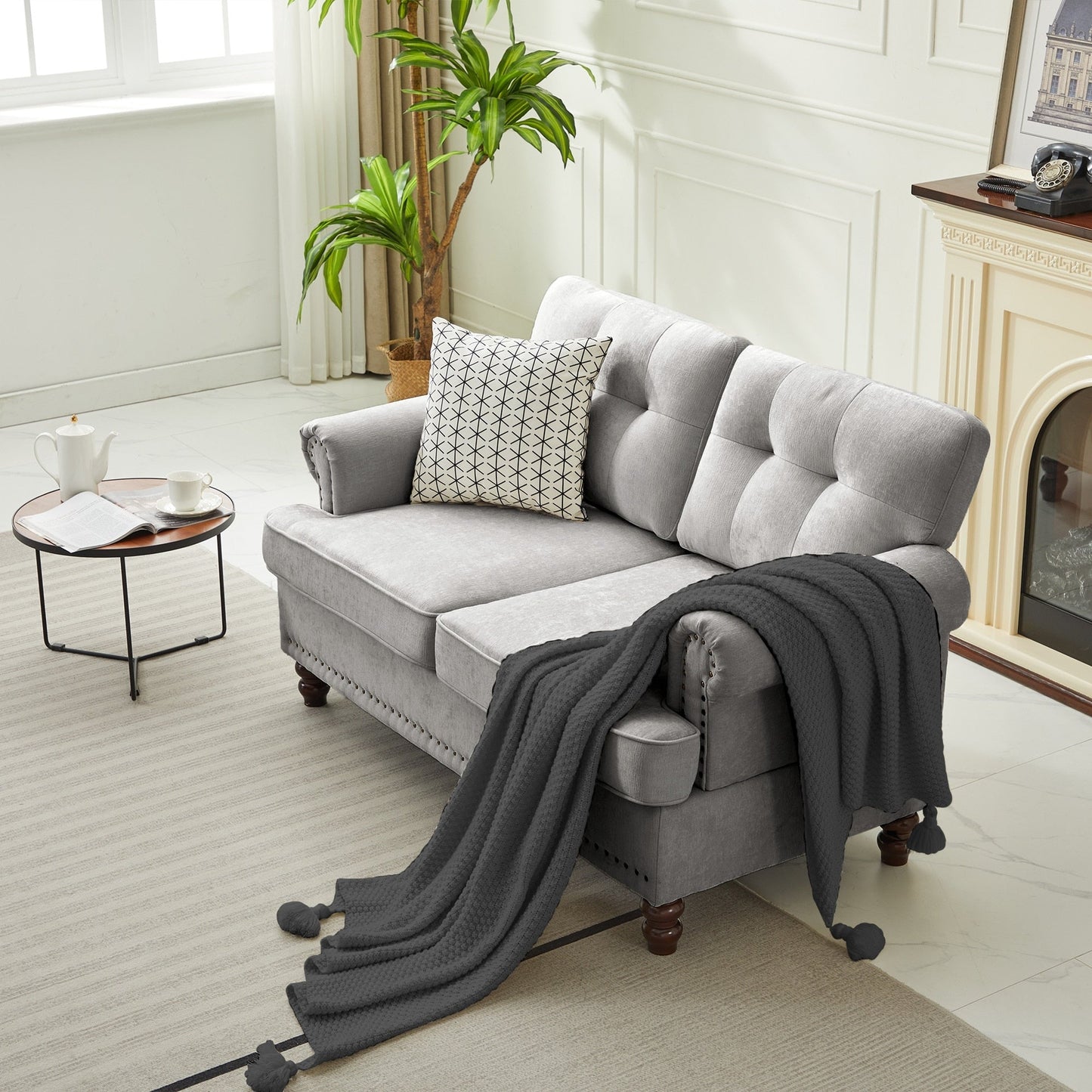 Ensemble de 3 canapés en chenille pour salon, capitonnés et cloutés, pieds en hévéa massif