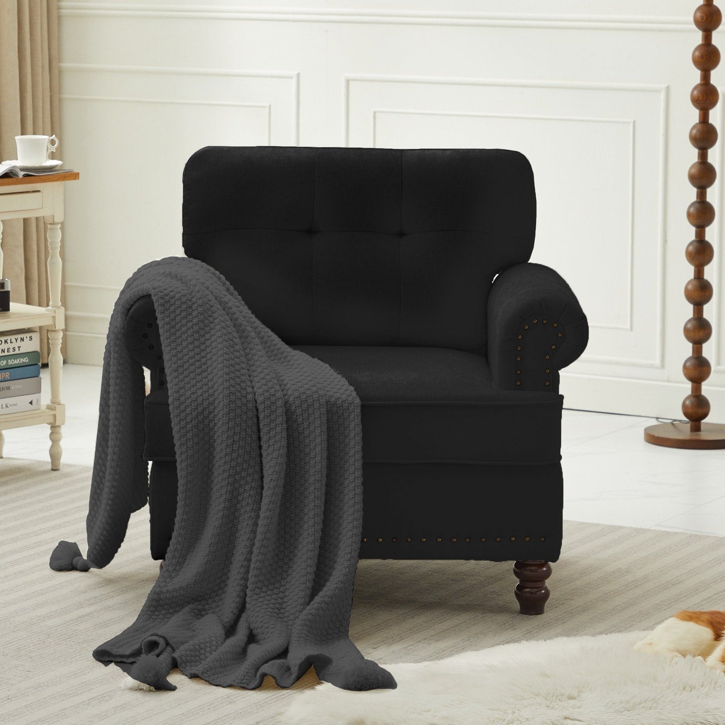 Ensemble de 3 canapés en chenille pour salon, capitonnés et cloutés, pieds en hévéa massif