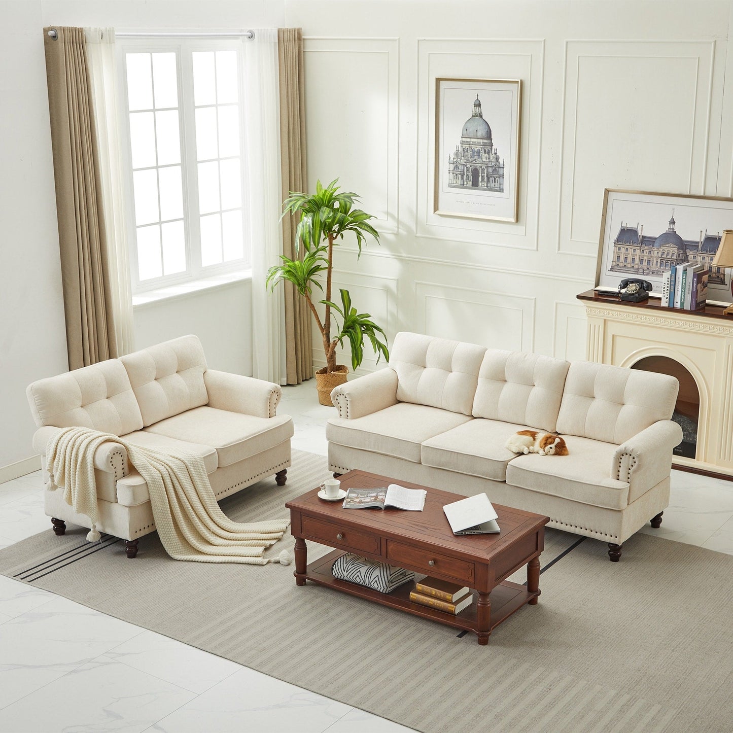 Ensemble de 3 canapés en chenille pour salon, capitonnés et cloutés, pieds en hévéa massif