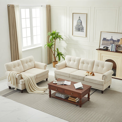 Ensemble de 3 canapés en chenille pour salon, capitonnés et cloutés, pieds en hévéa massif