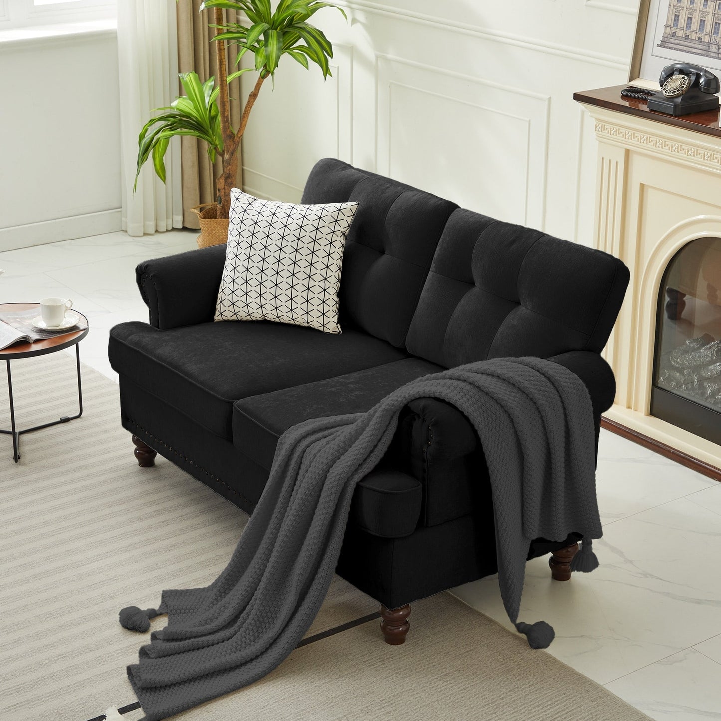 Ensemble de 3 canapés en chenille pour salon, capitonnés et cloutés, pieds en hévéa massif