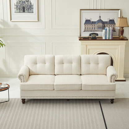 Ensemble de 3 canapés en chenille pour salon, capitonnés et cloutés, pieds en hévéa massif