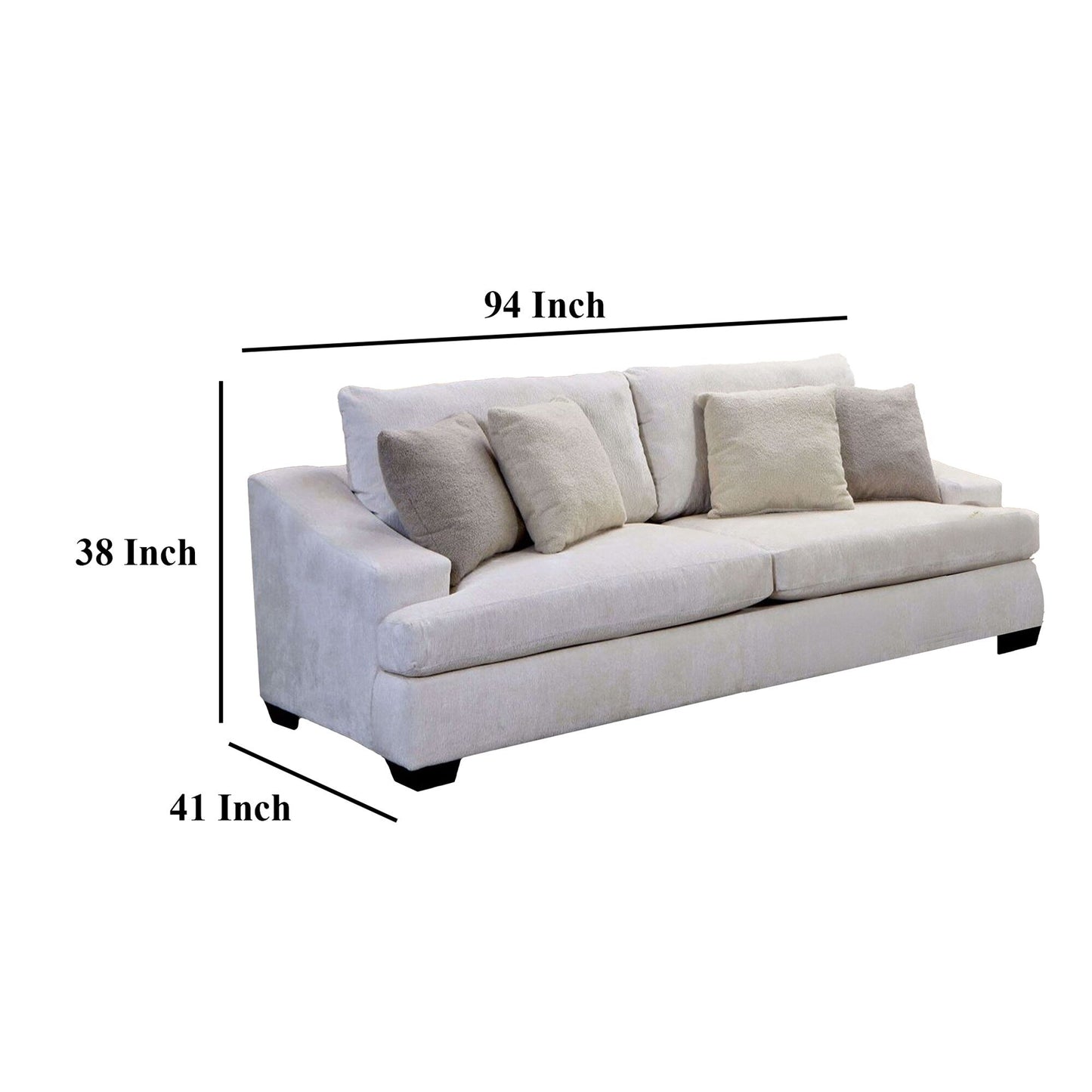 Canapé Sham, chenille ivoire, 4 coussins décoratifs, structure en bois massif, 94 pouces