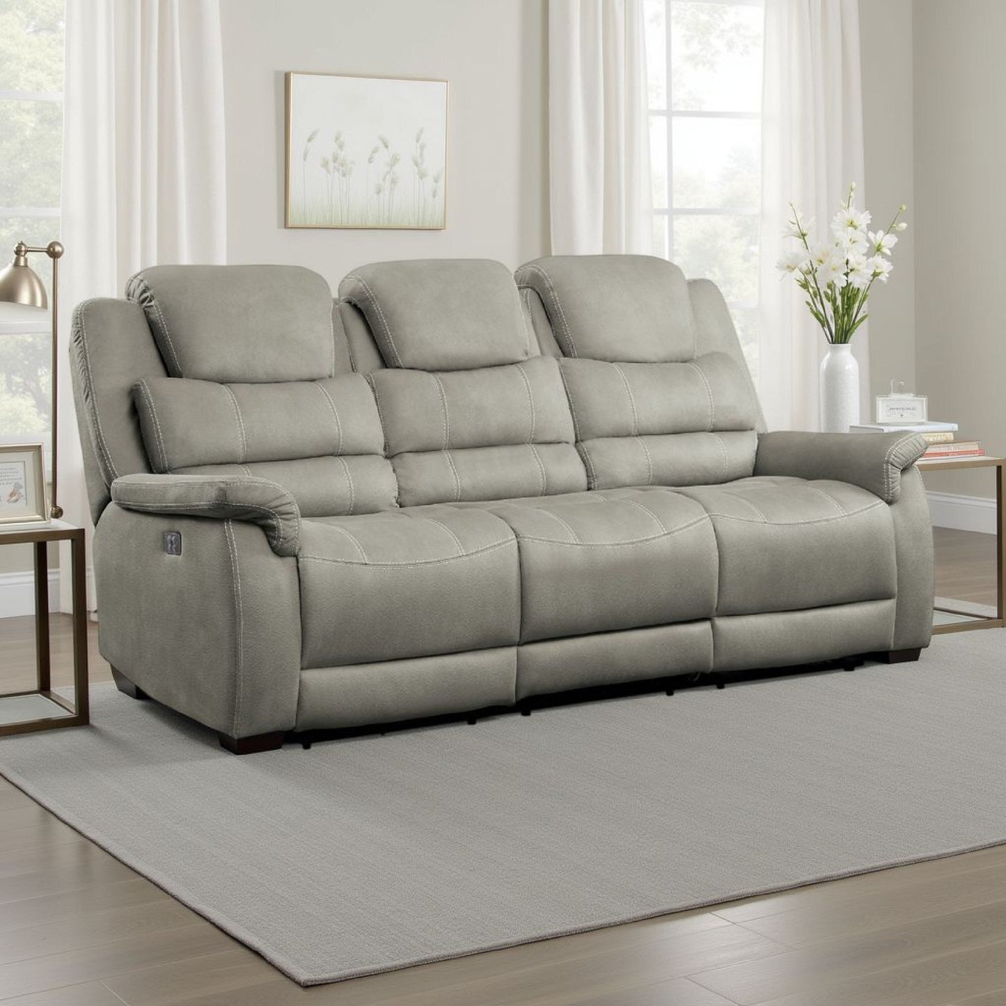 Canapé inclinable électrique Shelly, appui-tête réglable, polyester gris, 84 pouces