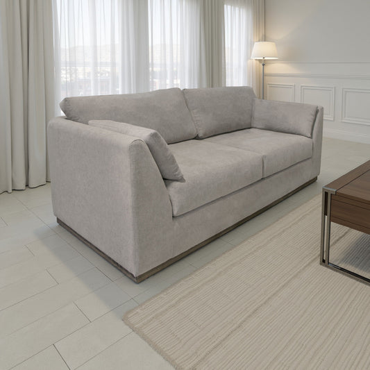 Canapé Sian, polyester gris amande, 2 coussins, pin massif, 228 cm