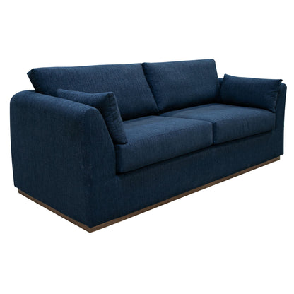 Canapé Sian, polyester bleu marine, 2 coussins décoratifs, pin massif, 228 cm