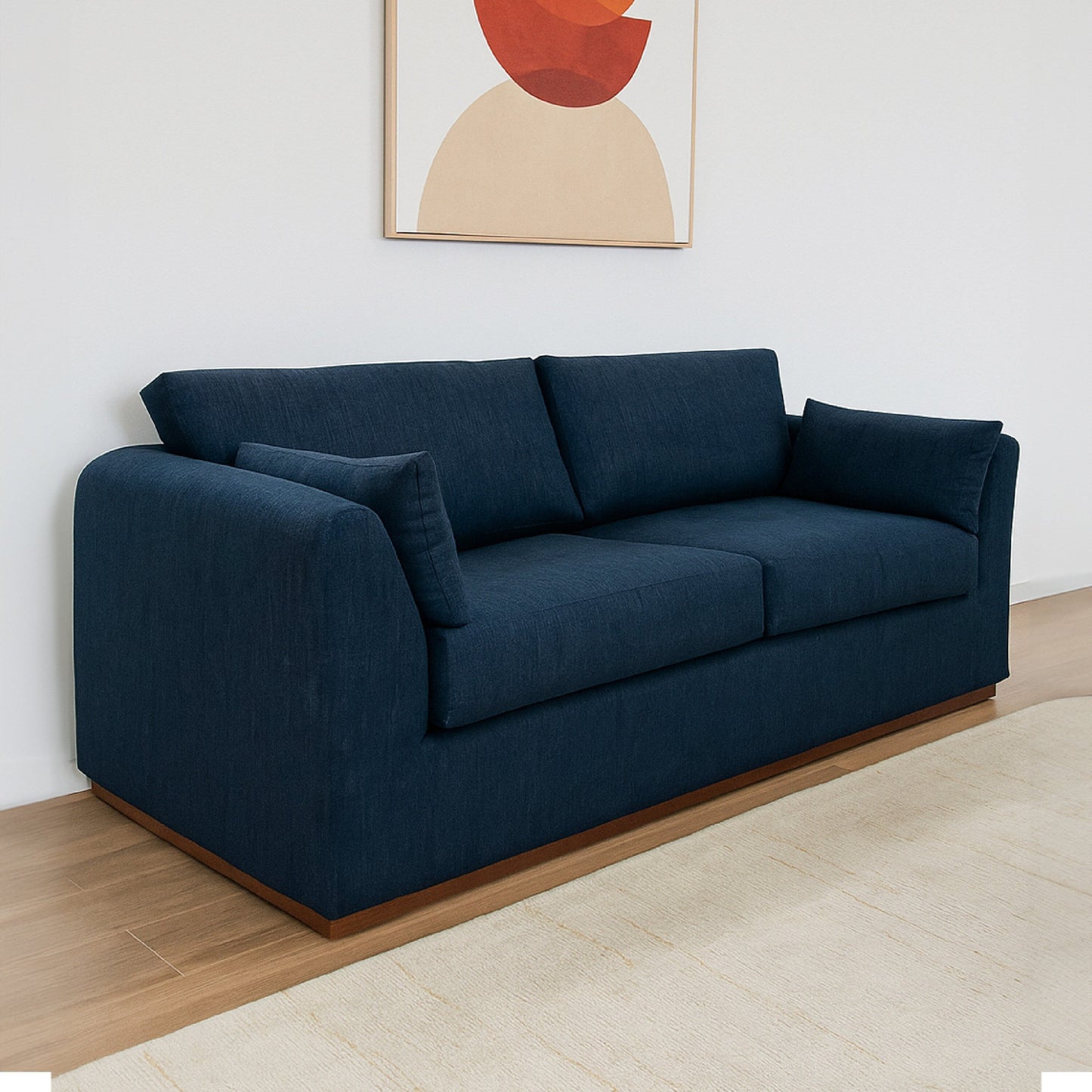 Canapé Sian, polyester bleu marine, 2 coussins décoratifs, pin massif, 228 cm