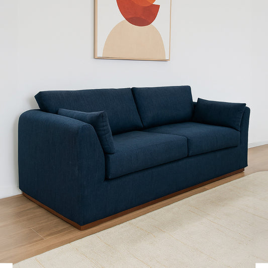 Canapé Sian, polyester bleu marine, 2 coussins décoratifs, pin massif, 228 cm
